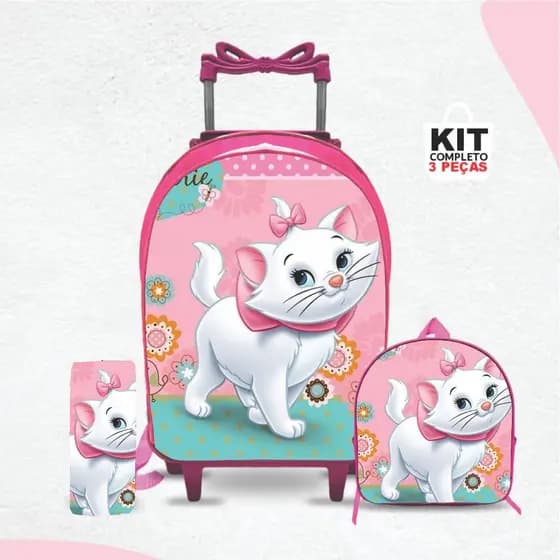 kit mochila escolar Gata Marie com lancheira e Estojo - Carrinho com Rodinhas - Menina - Feminino