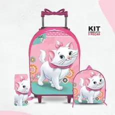 kit mochila escolar Gata Marie com lancheira e Estojo - Carrinho com Rodinhas - Menina - Feminino