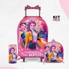 kit mochila escola K-pop  com lancheira e Estojo - Carrinho com Rodinhas - Menina -Feminino