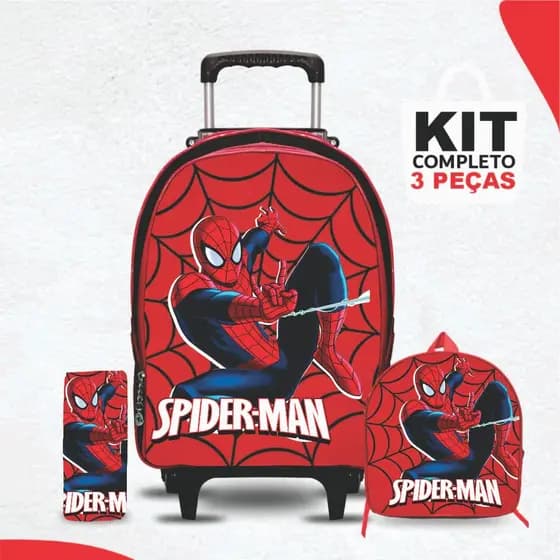 kit mochila escolar Homem Aranha com lancheira e Estojo - Carrinho com Rodinhas - Menino - Masculino