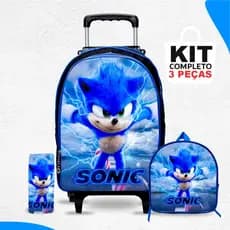 kit mochila escolar Sonic com lancheira e Estojo - Carrinho com Rodinhas - Menino - Masculino