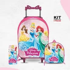 kit mochila escolar princesas  com lancheira e Estojo - Carrinho com Rodinhas - Menina -Feminino