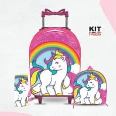 kit mochila escolar Unicórnio  com lancheira e Estojo - Carrinho com Rodinhas - Menina -Feminino