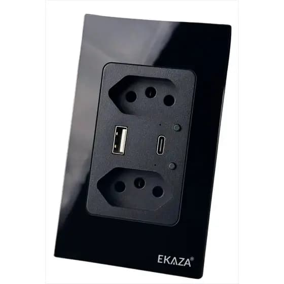 Tomada Dupla Inteligente 16A USB A e C Preto Vidro Temperado
