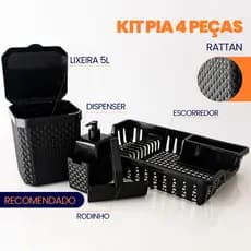 Kit Pia 4 Peças Rattan Lixeira 5L Dispenser Porta Detergente Rodinho de Pia Escorredor de Louça