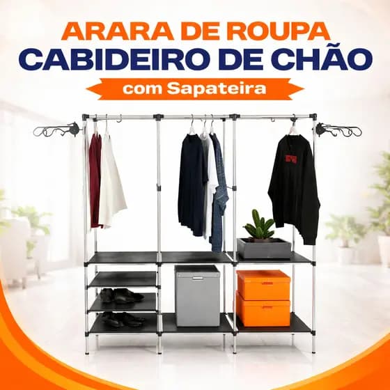 Arara de Roupas de Chão Grande com Sapateira Cabideiro Organizador Multiuso em Aço Inox