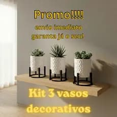 Kit 3 Vasos Cachepot Decorativo Moderno Branco Texturizado Plantas Sala Com Suporte Preto