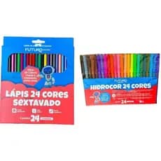 Kit Lápis de Cor 24 cores + 24 Cores De Canetinha - Caneta Hidrográfica Futuro