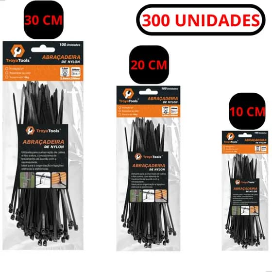 Kit Enforca Gato Abraçadeira 300 Unidades  30 20 15cm Fita Cinta Plástica Presilha Nylon Amarra 3 ta