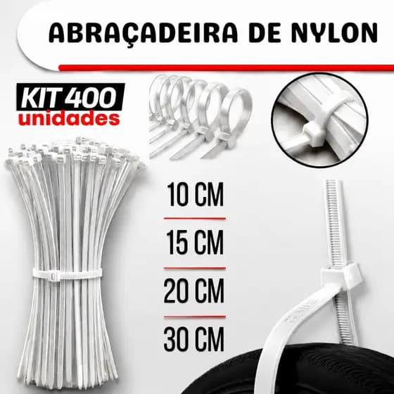 Kit 400 Abraçadeira Enforca Gato De Nylon Branco 100mm x 2,5mm 150mm x 2,5mm 200mm x 2,5mm 300mm x 3,5mm