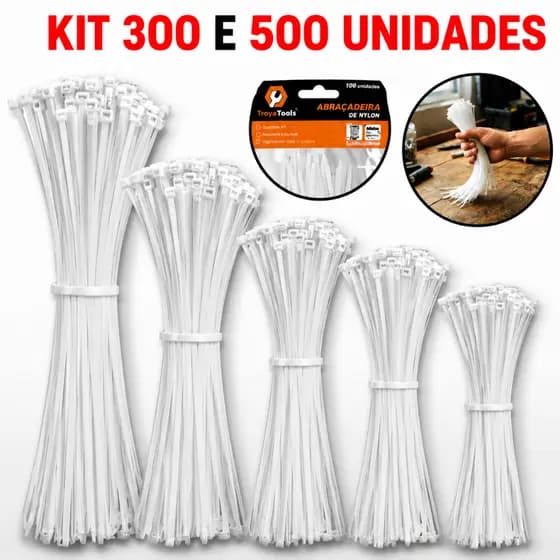 Kit 500 e 300 Unidades Branco Fita Hellerman Cinta Plástica Enforca Gato 5 Tamanhos 30 - 25 - 20 - 15 CM