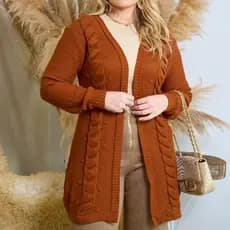 Casaco Cardigan Aberto Manga Longa Tranças Tricô Inverno Lançamento