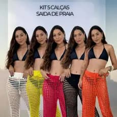 KIt 5 Calças Saida de Praia Verão Vazada Ajustável Piscina Elegante Tricot Tendência Feminina