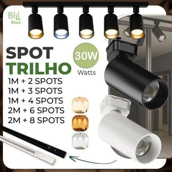 Trilho Spot LED para trilho eletrificado + Trilho + Conector Tubinho Preto e Branco 30W Bivolt