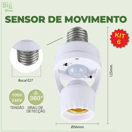 Kit 6 Sensor de Movimento para lâmpada Soquete E27 c/ sensor de presença Bivolt 110V~220V Max 60W