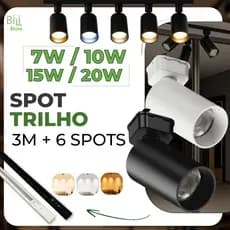 3M Trilho + 6 Spot LED 20W 15W 10W 7W Eletrificado + Trilho + Conector Preto e Branco Luz Fria, Neutra e Quente Bivolt