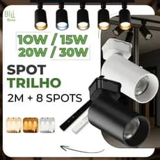 2M Trilho + 8 Spot LED 30W 20W 15W 10W Eletrificado + Trilho Tubinho Preto e Branco Bivolt