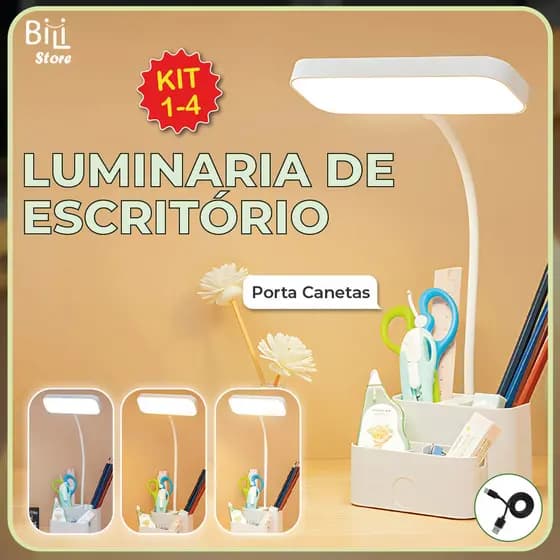 Luminária de Mesa Abajur Led Escritório Portátil Porta Canetas Recarregável USB 3 Tons de Luz
