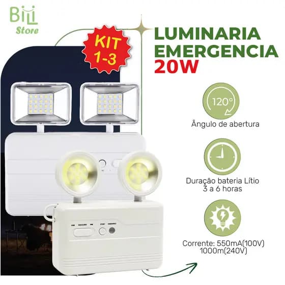 Luminária de Emergência Led Lite ou Pro 20W com 2 Farol Luz Branca Fria