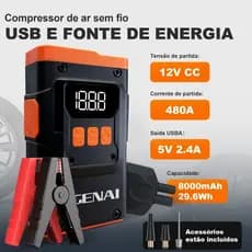 Compressor de Ar Sem Fio + Arranque Emergência 480A + Power Bank - GENAI Multifuncional