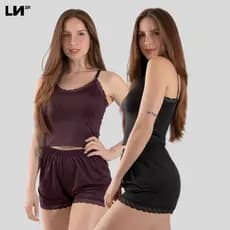 KIT 2 Pijamas Feminino Curto Adulto Linha Noite Short Doll com Renda