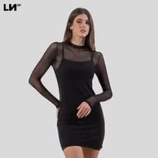 Vestido Tule Translúcido Manga Longa Inverno