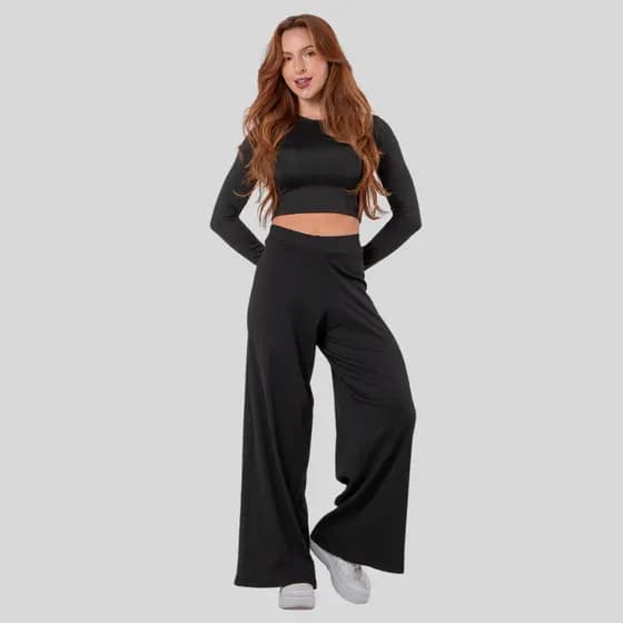 Calça Pantalona Cós Alto Preta Canelada Feminina