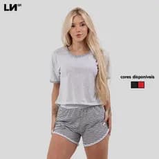Pijama Feminino Curto Verão Linha Noite Liso Listrado