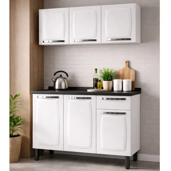 Kit Armário Cozinha Itatiaia Rose Aço Branco Balcão 105cm + Aéreo 105cm 3 Portas Alta Durabilidade
