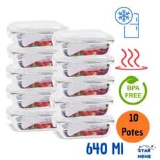 Kit 10 Potes de Vidro 640ml Hermético Marmita Fit com Tampa 4 Travas