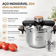 Panela de Pressao Inox 4L 6L 8L 10L Inducao Gas Antiexplosao Travamento 3 Niveis Fundo Triplo