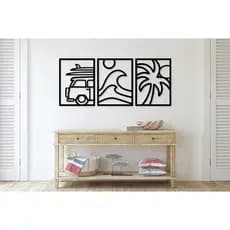 Trio de Quadros Decorativos Tema Praia – Arte Minimalista em MDF com Kombi, Ondas e Coqueiro para Sala e Área Gourmet