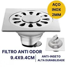 Ralo Banheiro Anti-Odor/Inseto 9.4x9.4cm Inox Box Lavanderia Quintal