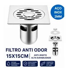 Ralo Banheiro Anti Odor E Anti Inseto Aço Inox Lavanderia Forma Quadrada 15X15cm