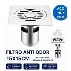 Ralo Banheiro Lavanderia Aço Inoxidável Forma Quadrada Neutralizador De Odores 15x15cm