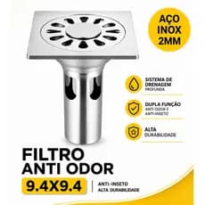 Ralo Banheiro Anti-Odor/Inseto 9.4x9.4cm Inox Box Lavanderia Quintal Com Vedação