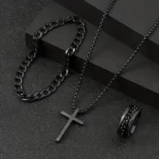Conjunto de Joias Cruz: Corrente, Anel, Pulseira e Colar - 3 Peças em Promoção