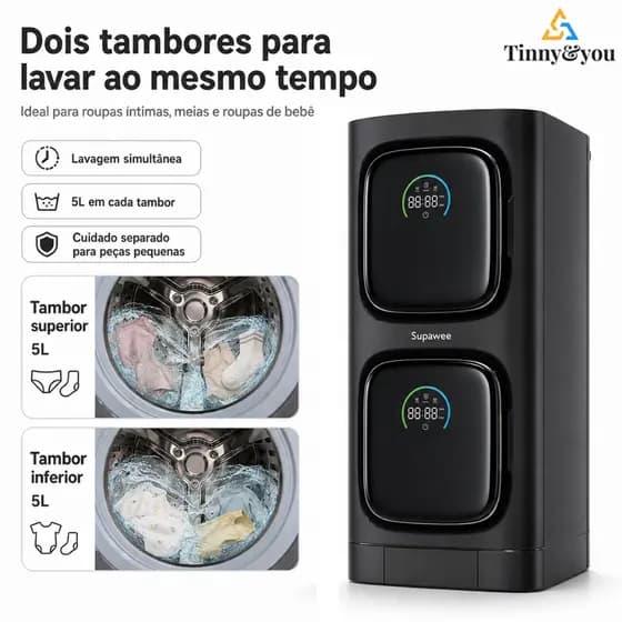 Mini Máquina de Lavar Dupla Inteligente 7L com APP Lavagem 96°C Secagem UV Esterilização Automática 220V