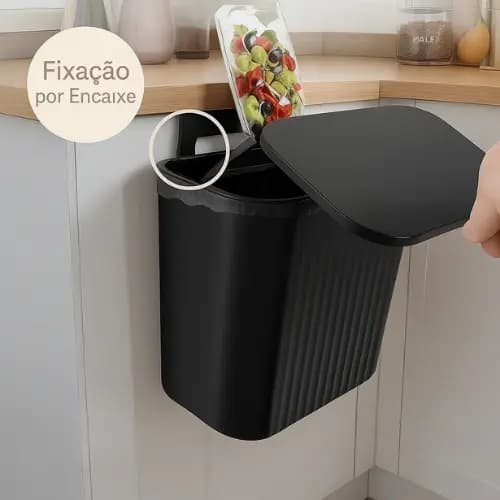 Lixeira Suspensa 9L com Suporte Adesivo e Alça para Pendurar Preta Rose Arqplast