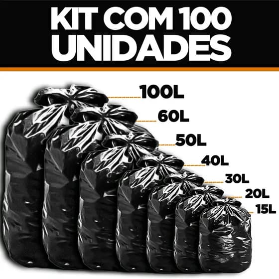 Saco de Lixo 100 unidades Resistentes - Tamanhos 10/15/20/30/40/50/60/100 Litros