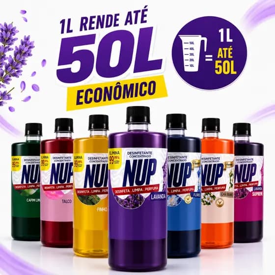 Desinfetante Concentrado Antibacteriano NUP 1L Rende Até 50L Alta Diluição 7 Fragrâncias