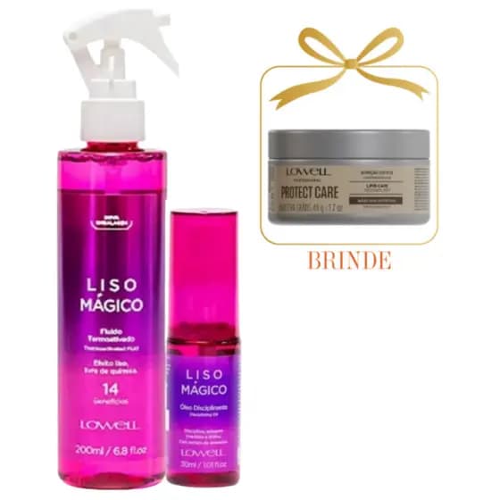 Kit Lowell Liso Mágico Fluido Termoativo 200ml + Óleo Capilar Antifrizz 30ml +BRINDE Máscara Protect Care 48g