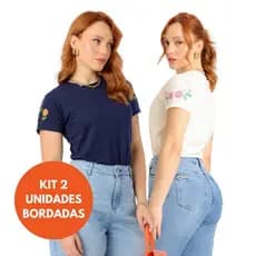 Kit 2 Camiseta Bordada na Manga algodão Fio 30 T-shirt