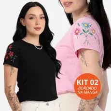 Kit 2 Blusa Feminina Manga Bordada Camiseta T-shirt Feminina Várias Cores Tendência