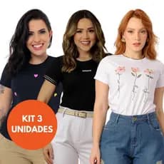 Kit 3 Camiseta T-shirt Feminina 100% algodão Estampadas Bordadas