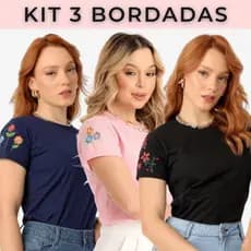 Kit 3 Blusa Feminina Manga Curta Bordada Flores 100% Algodão P ao GG Casual