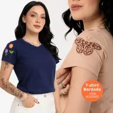 Blusa Manga Bordada Feminina 100% Algodão Camiseta T-shirt Elegante Confortável