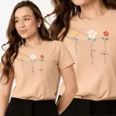 Camiseta Feminina Blusa Estilosa Casual Estampada Flores Algodão 30.1 Premium P ao GG