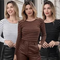 Blusa Feminina Manga Longa Canelada Listrada Moda Casual Básica Inverno Envio Rápido