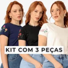 Kit 3 Camiseta Feminina Algodão Manga Curta Bordada Flores P ao GG